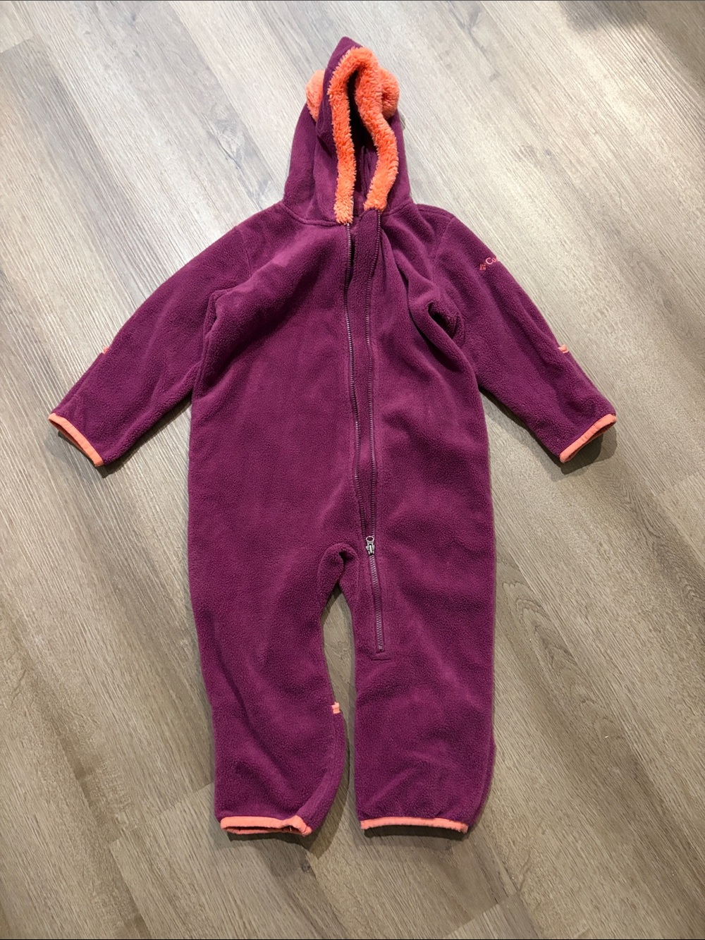 Cozy Hooded Fleece One-Piece for Kids - Purple with Orange Trim